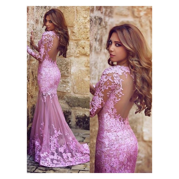 Trumpet/Mermaid V-neck Lilac Tulle Appliques Lace Long Sleeve Prom Dress in UK