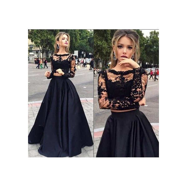 Scoop Neck Black Tulle Elastic Woven Satin Appliques Lace Long Sleeve Two Piece Prom Dress in UK