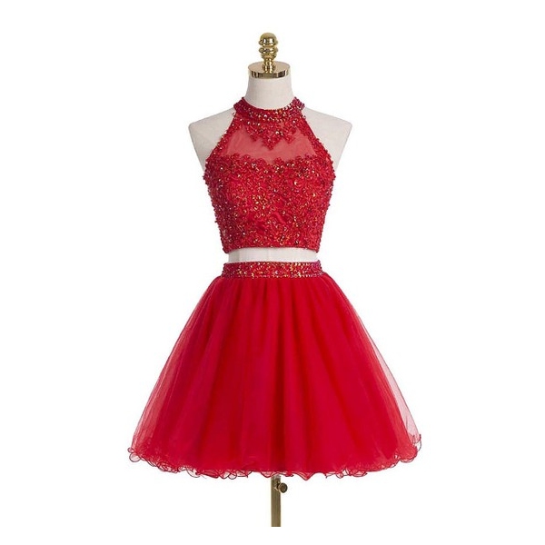 Two Piece A-line Tulle Short/Mini Beading Boutique High Neck Prom Dresses in UK