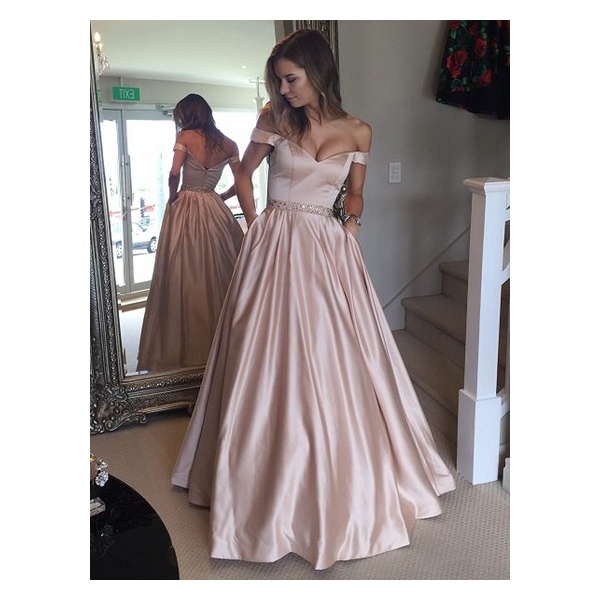 Ball Gown Off-the-shoulder Floor-length Satin Prom Dresses with Beading #Favs020104578
