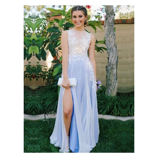 A-line Scoop Neck Floor-length Chiffon Prom Dresses with Appliques Lace #Favs020104582