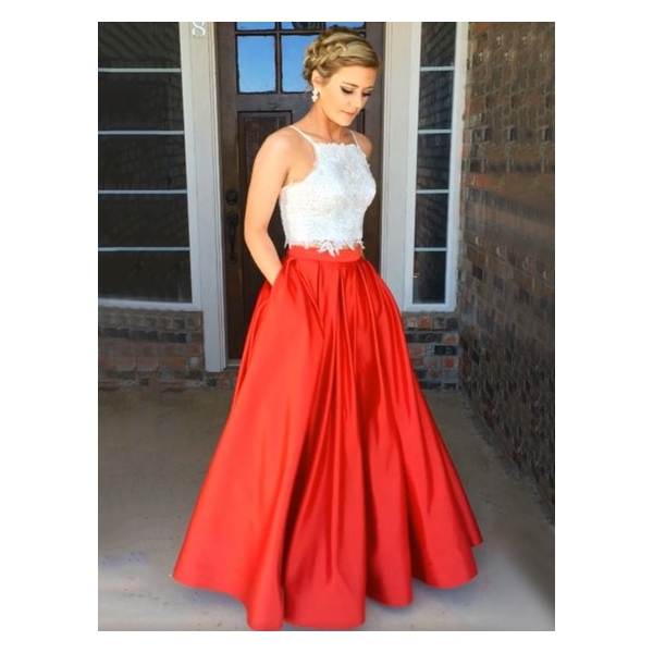 Ball Gown Square Neckline Floor-length Satin Prom Dresses with Appliques Lace #Favs020104587