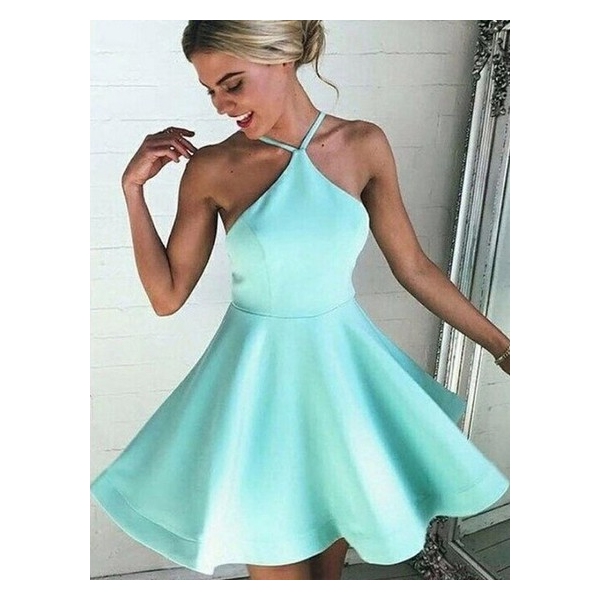 Casual Short/Mini A-line Halter Satin with Ruffles Backless Prom Dresses #PED020103769