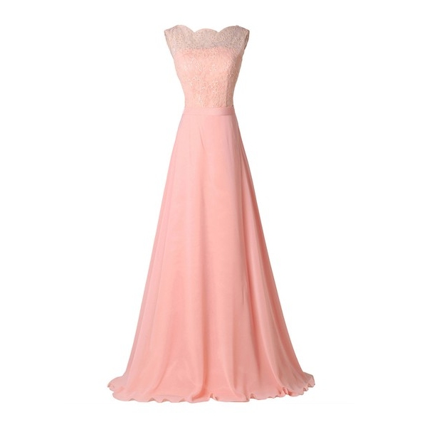 A-line Scoop Neck Pink Lace Chiffon Sashes / Ribbons Floor-length Pretty Backless Prom Dresses #PED0